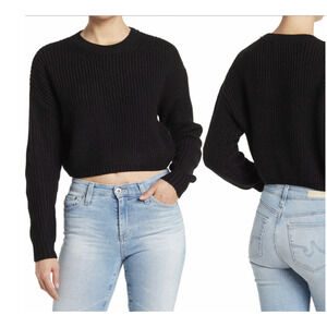 Elodie Crewneck Cropped Sweater Knit Long Sleeves Solid Black Size S NWT